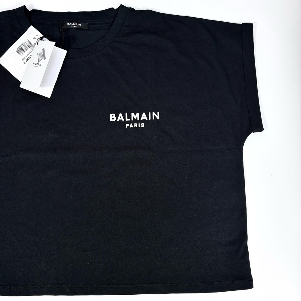 Balmain Cropped Eco-Designed Cotton T-Shirt Tee Flocked Logo Black XL NWT - Picture 13 of 14